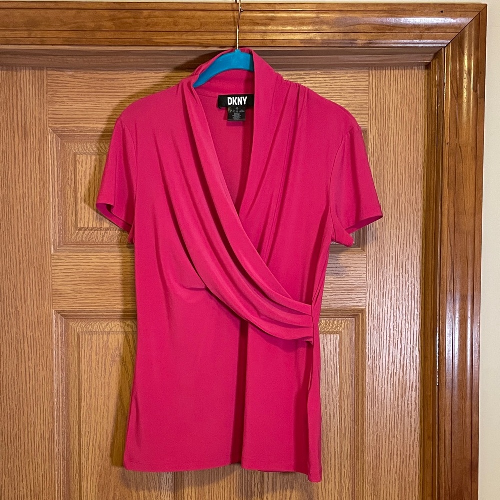 DKNY Women's Vibrant Pink Drape Blouse, Small